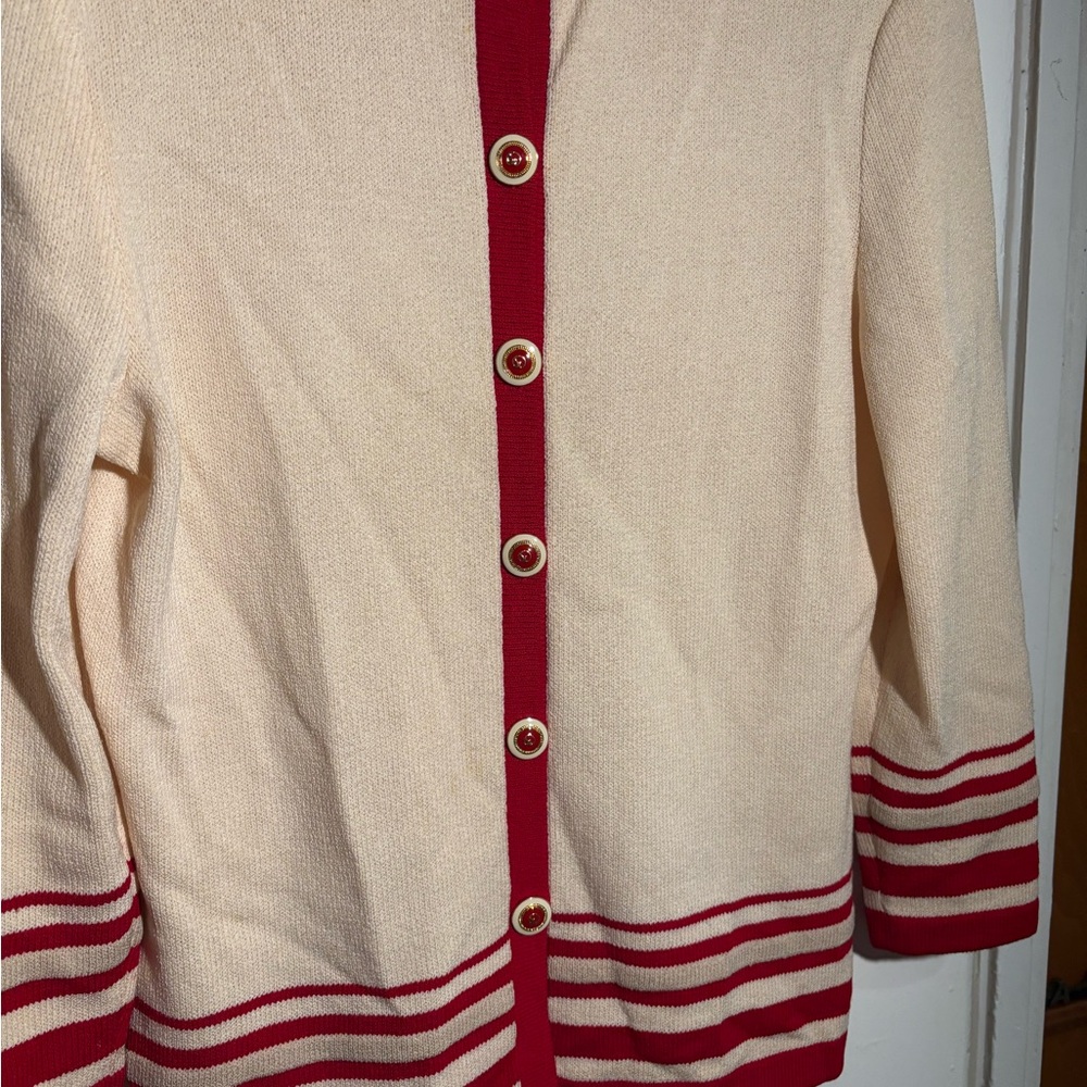 St. John Cream and Red Buttoned Cardigan - Picture 2 of 3